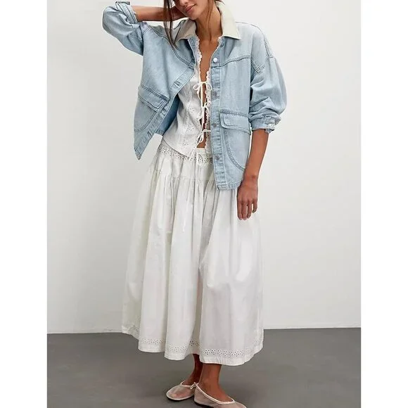 Women's Oversized Denim Jacket with Contrast Long Sleeve Button Down Light Blue